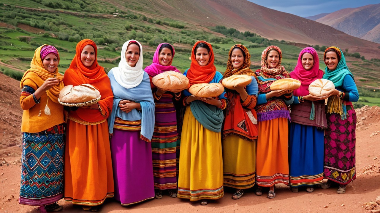 Women in Traditional Attire with Bread in Scenic Hills