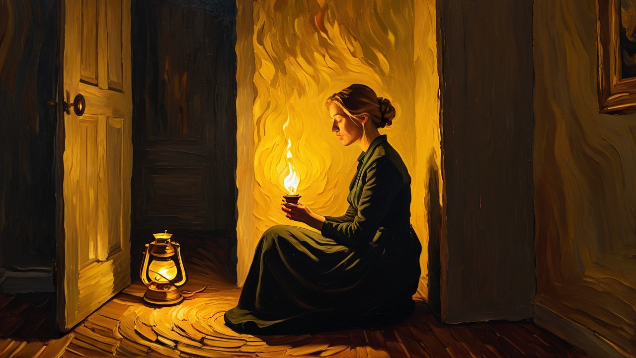 Woman in a dim room holding a small flame
