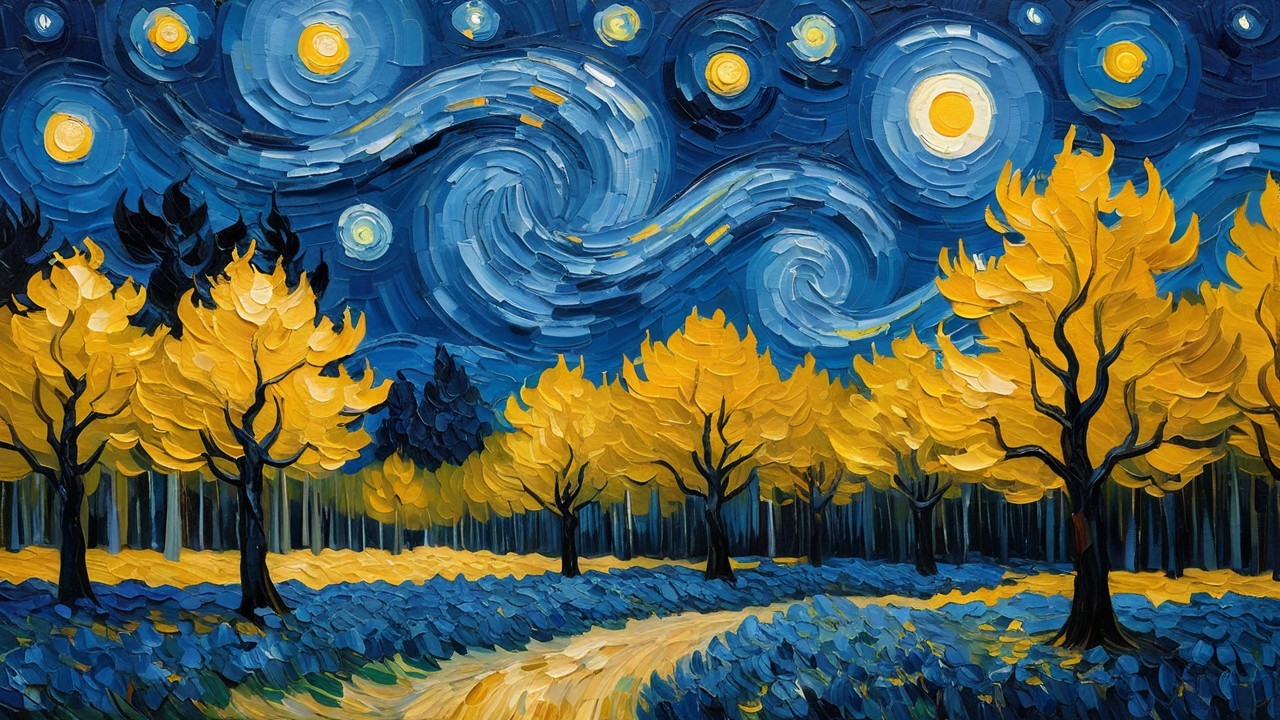 Impasto-style painting of autumn trees at night