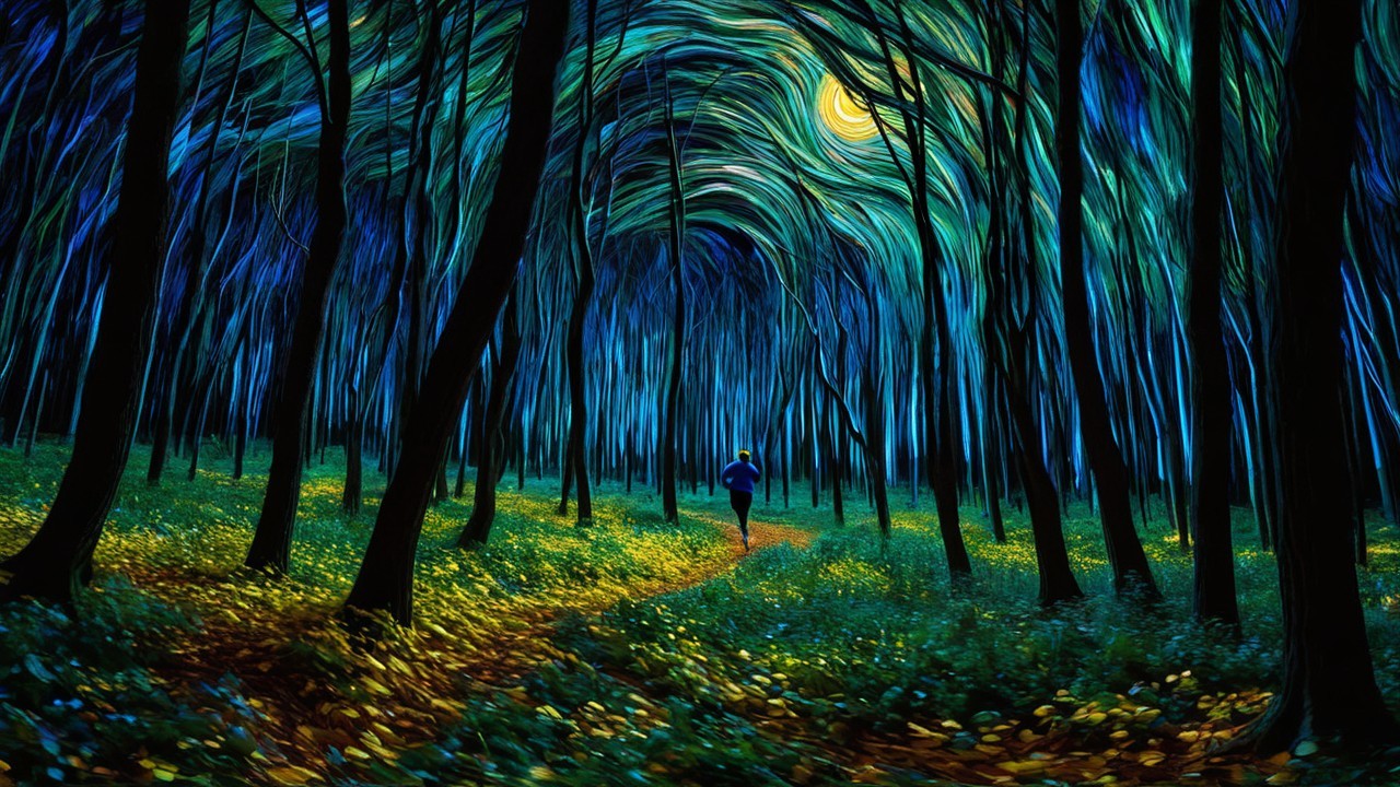 Forest Scene with Blue and Green Shades and Moonlight
