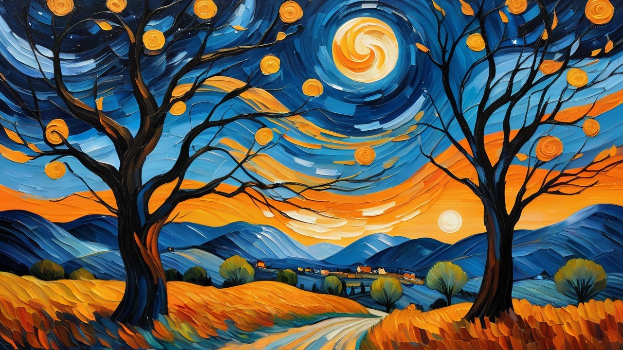 Vibrant Dusk Landscape with Twisted Trees and Village