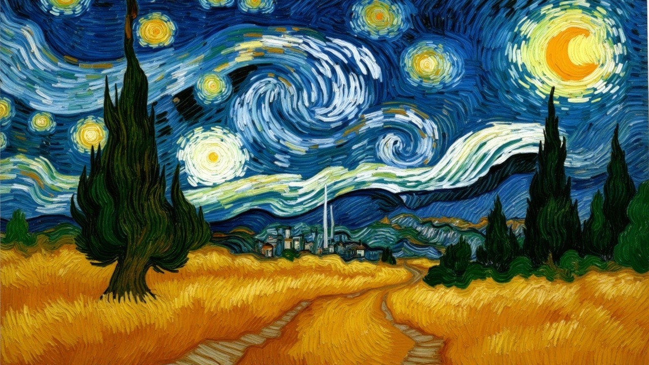 Vibrant Night Sky Over Tranquil Village Landscape