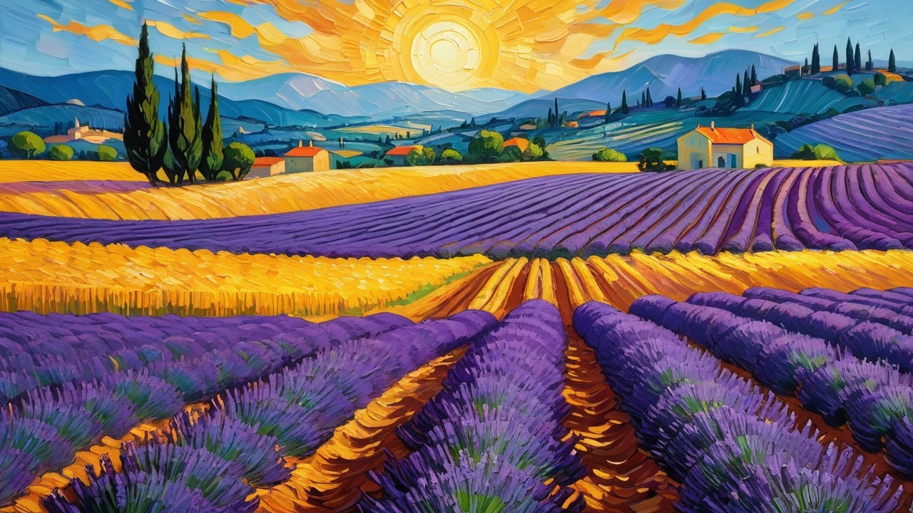 Vibrant Lavender Fields at Sunrise in Rural Landscape