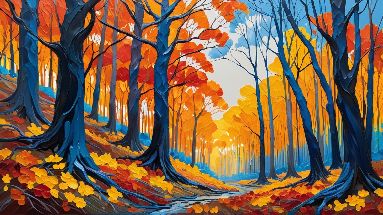 Vibrant Autumn Forest with Colorful Foliage and Stream