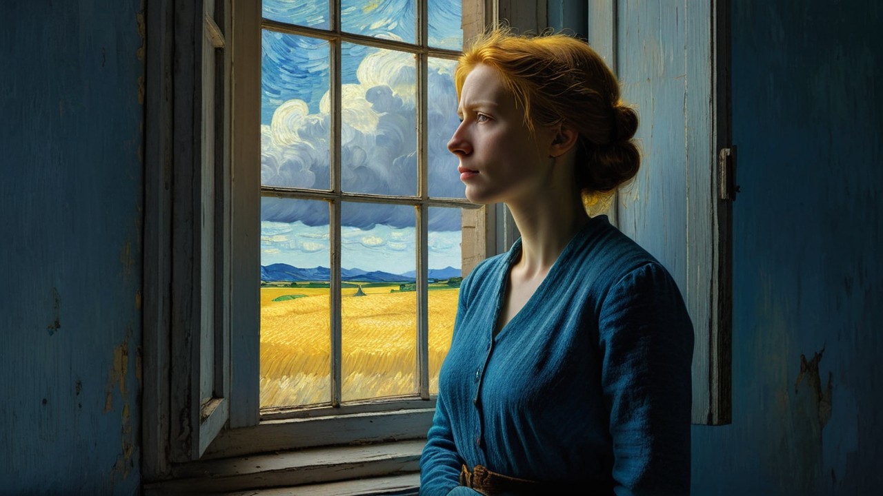 Young woman with red hair gazing out a window