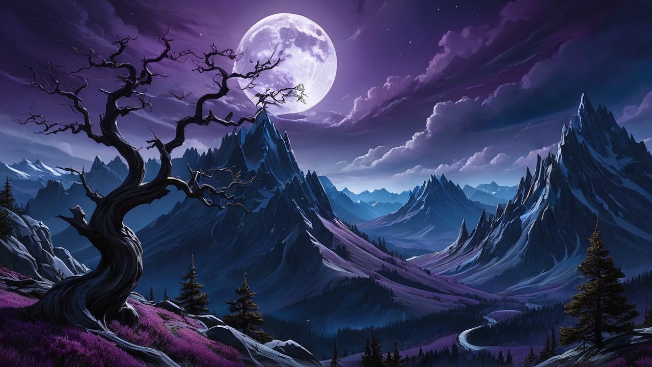 Mystical Landscape with Mountains and Purple Sky