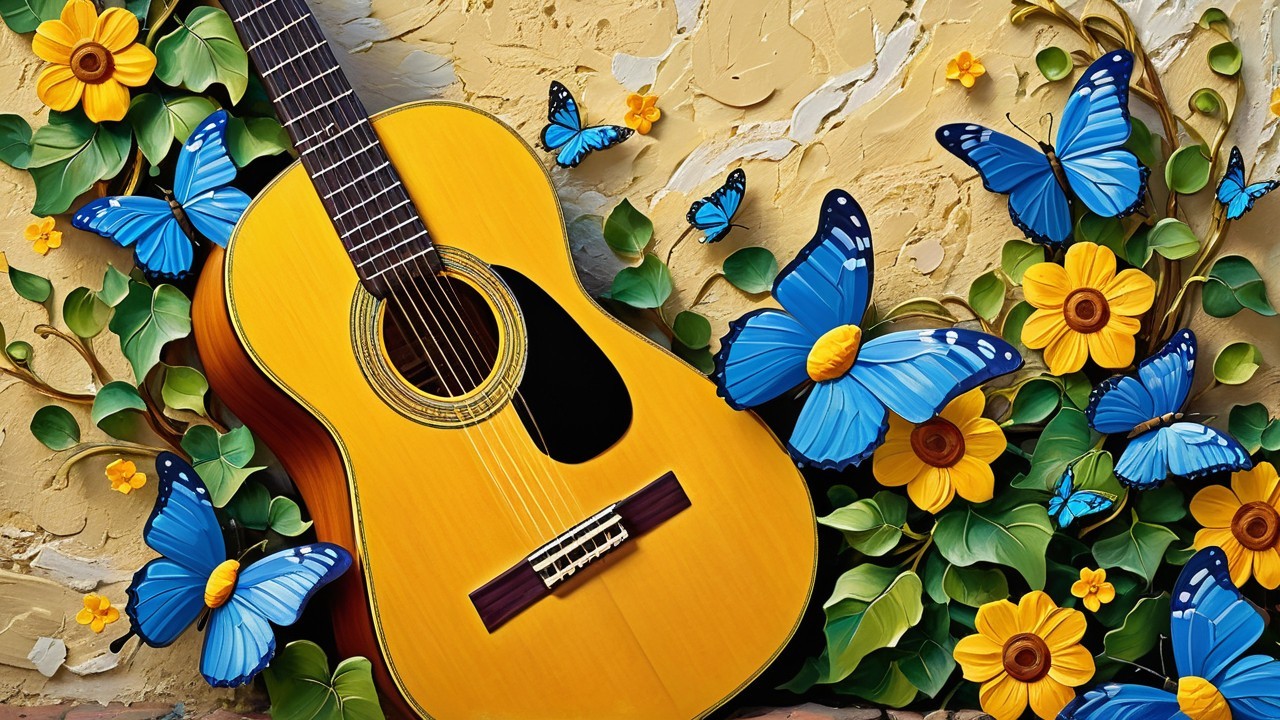 Acoustic Guitar Against Yellow Wall with Butterflies