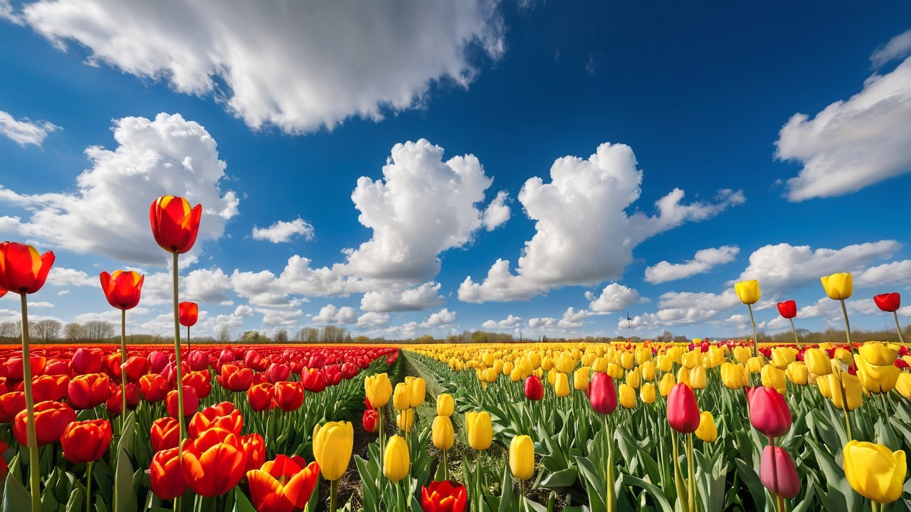 Vibrant Flower Fields Under Blue Sky in Spring