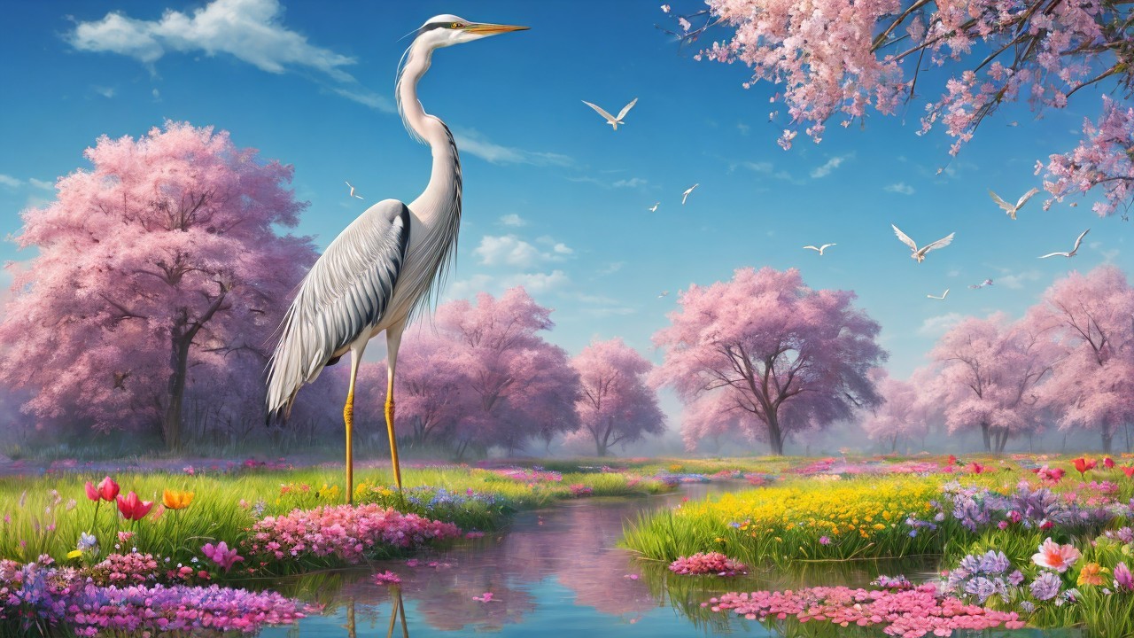 Heron by Stream with Cherry Blossoms and Blue Sky