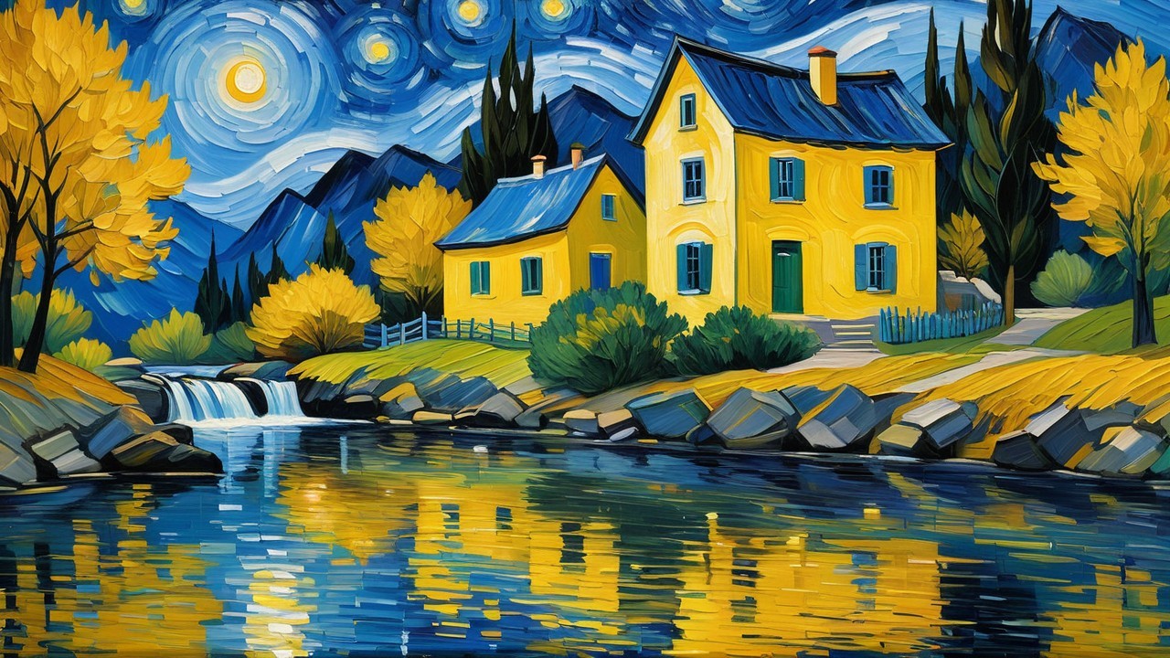 Vibrant Painting of Houses in Dreamlike Landscape
