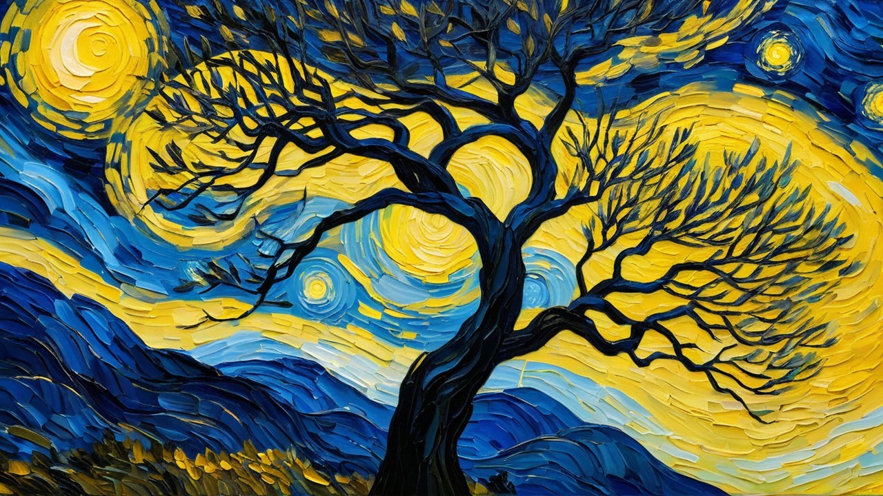 Swirling Night Sky with Gnarled Tree Silhouette