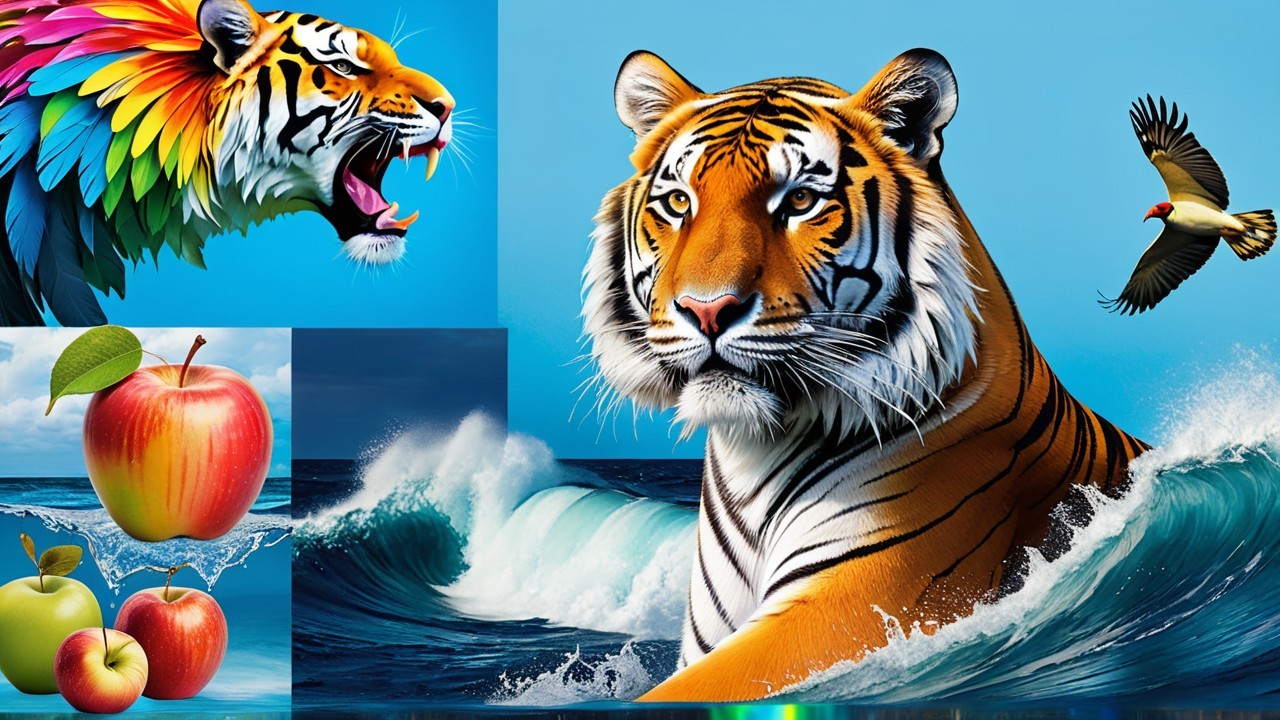 Vibrant Tiger Head with Rainbow Mane and Waves