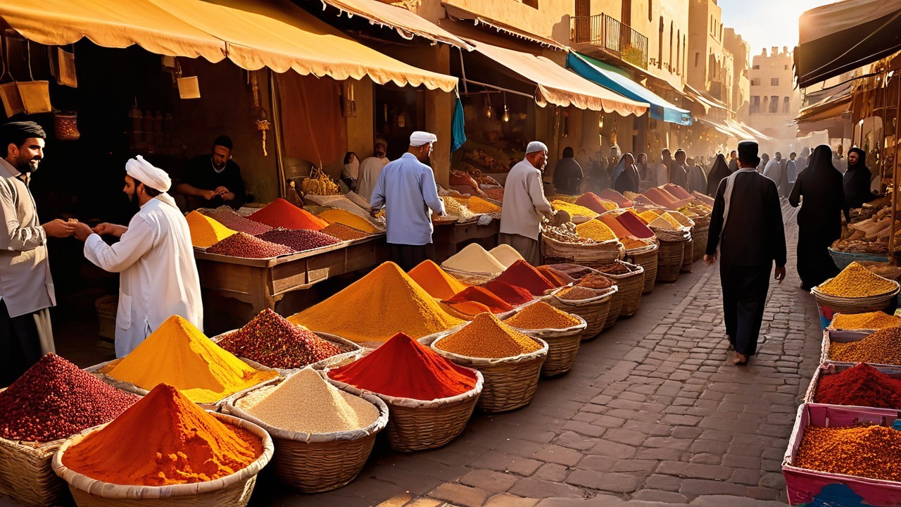 Vibrant Market Scene with Colorful Spices and Vendors