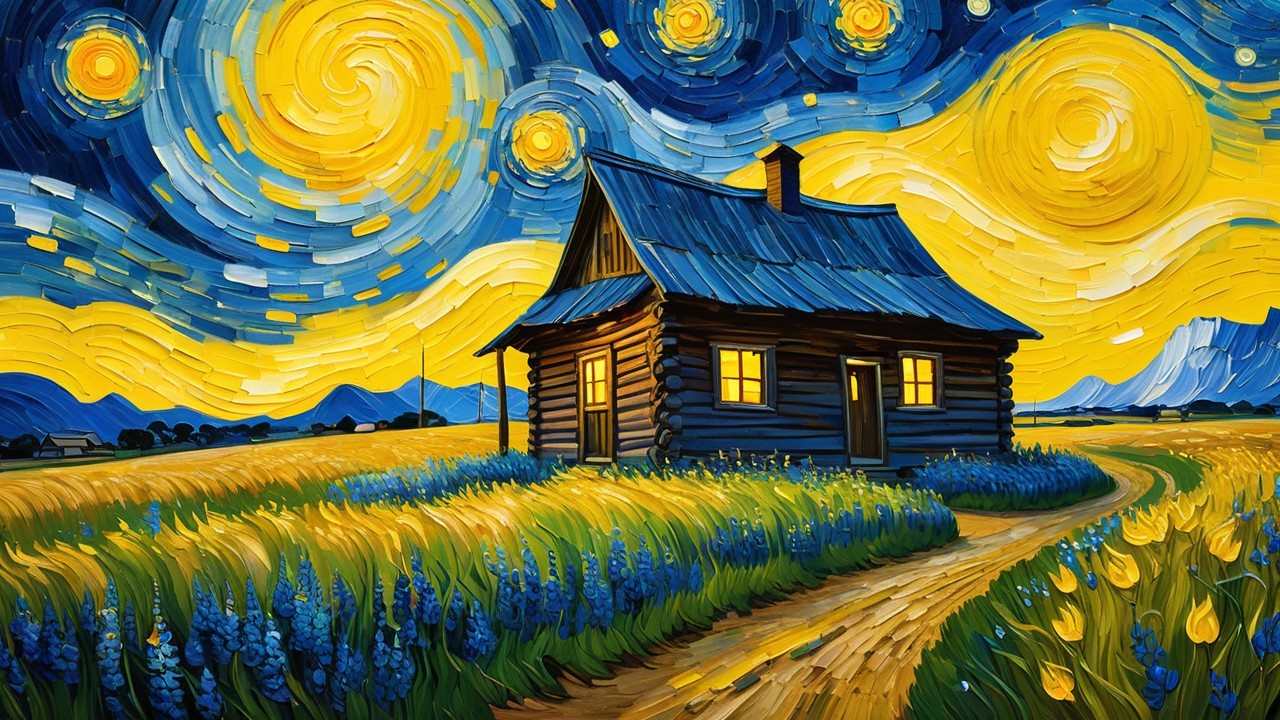 Impressionistic Painting of Cabin in Wheat Field