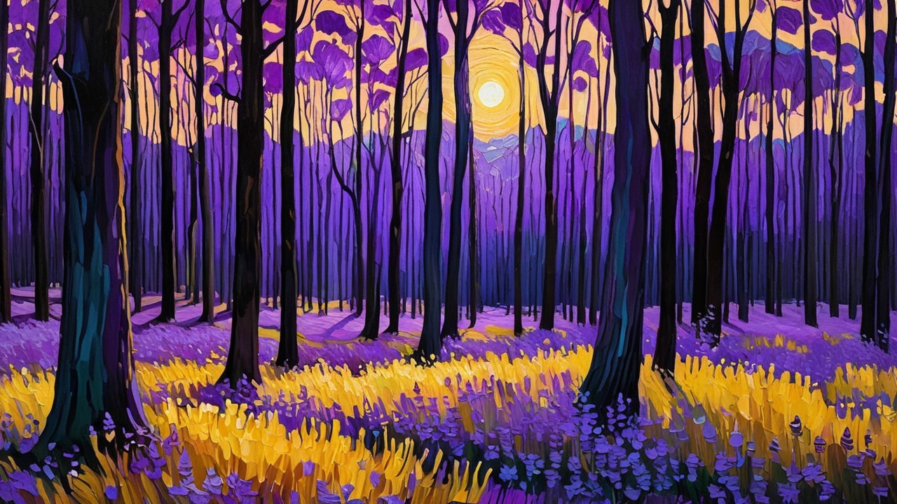 Vibrant Landscape with Purple Trees and Sunset Glow