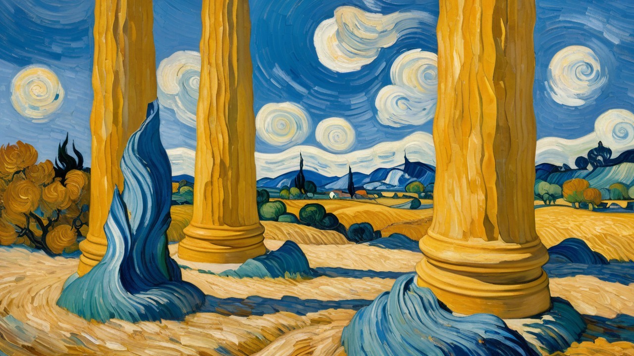 Vibrant Digital Landscape with Golden Pillars and Hills