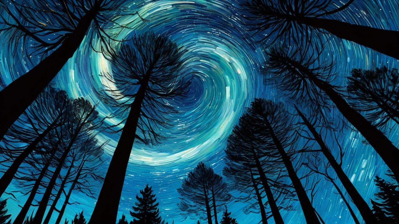 Starry Night Sky with Pine Tree Silhouettes