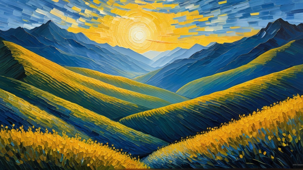 Vibrant Landscape with Yellow and Blue Rolling Hills