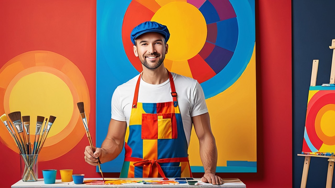 Cheerful Male Artist with Vibrant Circular Artwork