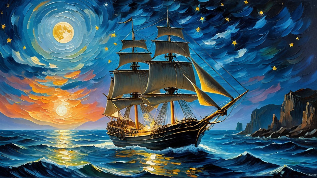 Majestic sailing ship on vibrant blue waves at sunset