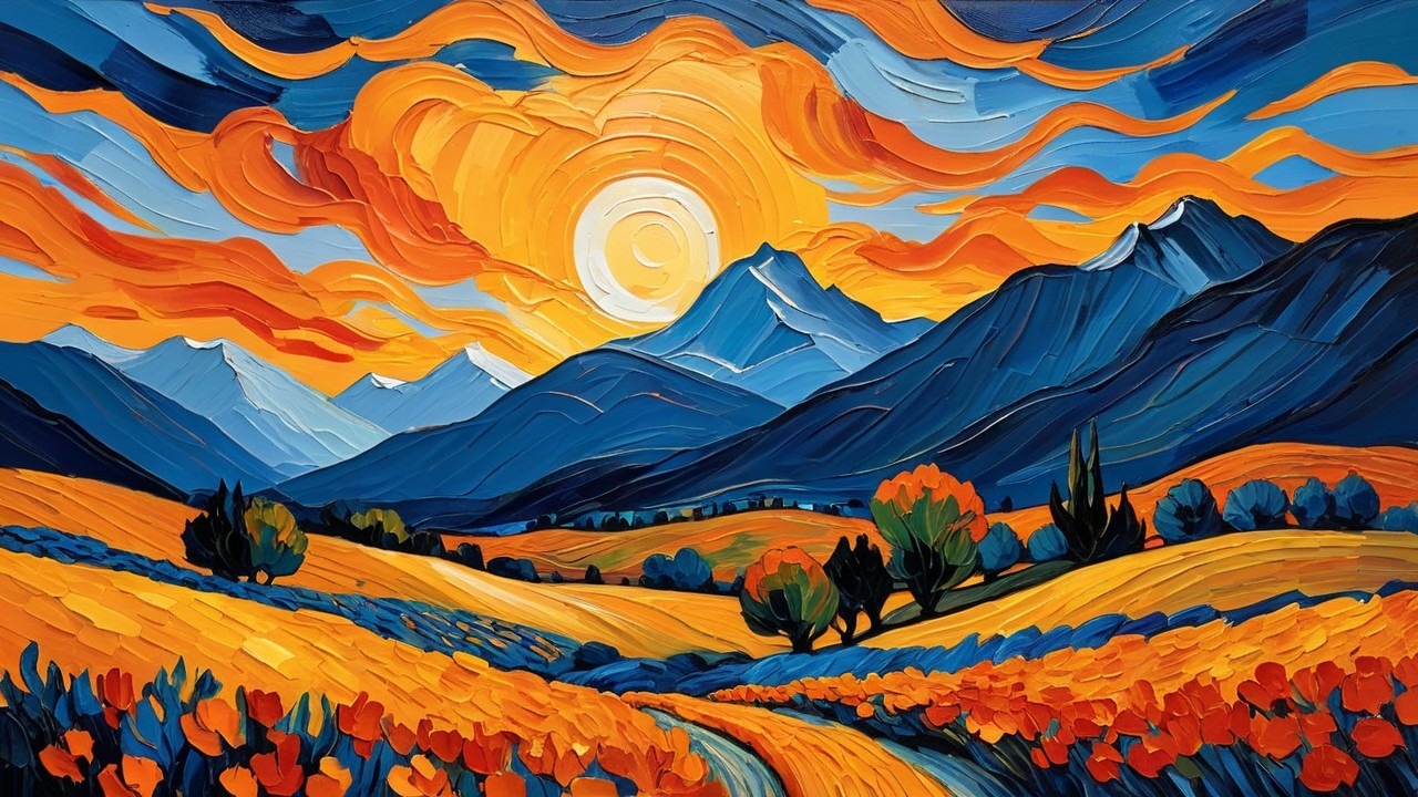 Vibrant Landscape with Hills, Flowers, and Mountains