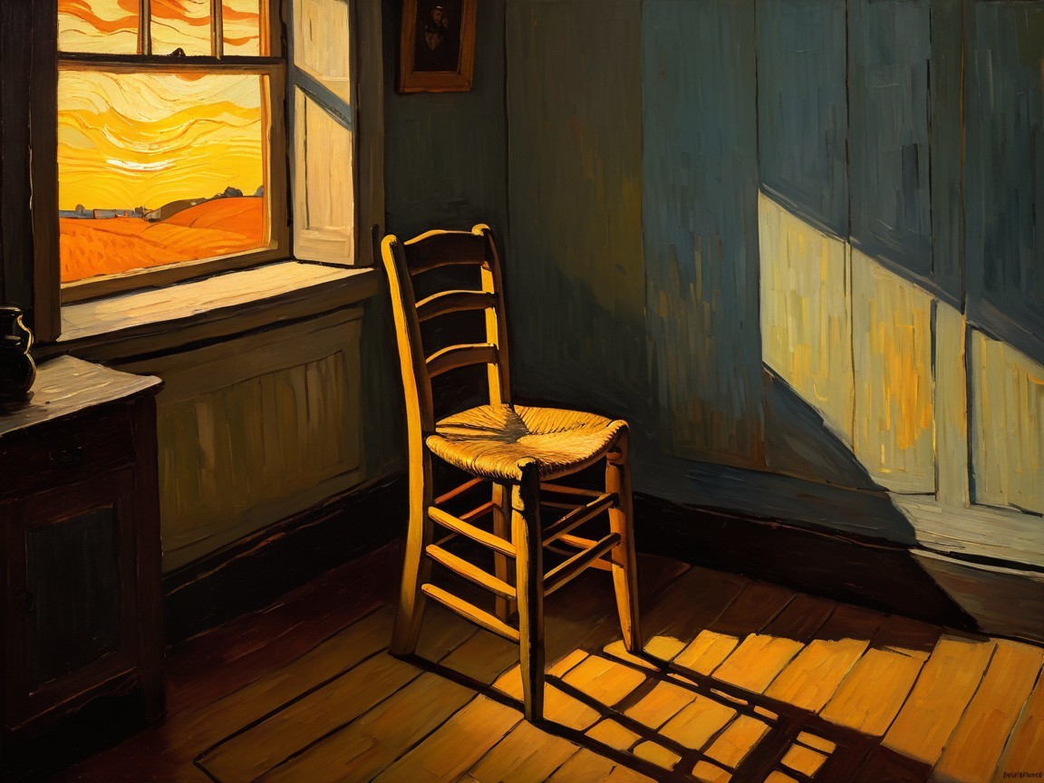 Wooden Chair by Window with Sunlit Hills Outside