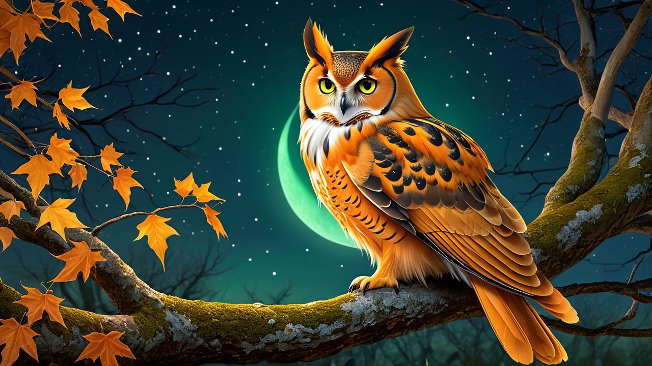 Majestic Owl on a Branch Under a Crescent Moon