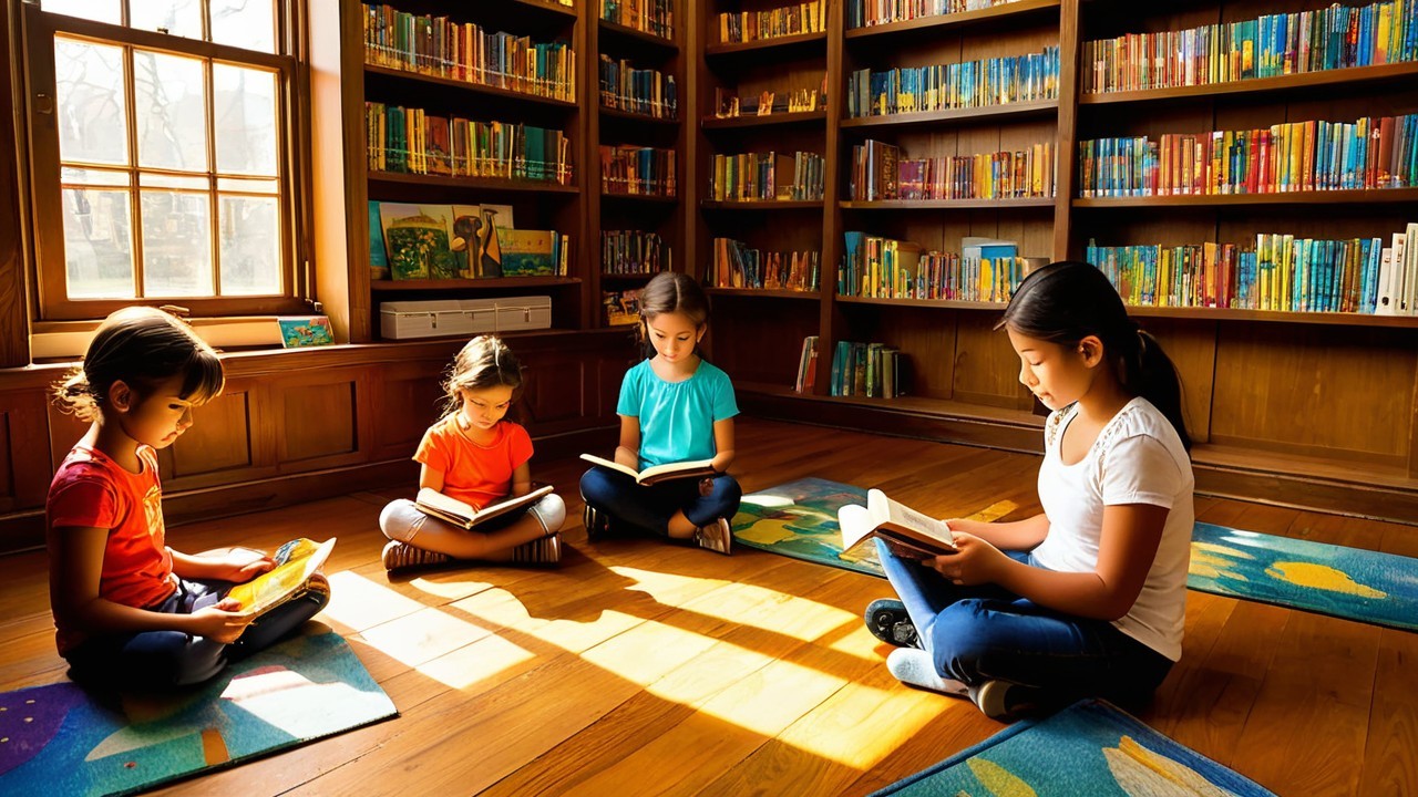 Girls Reading in a Sunlit Library with Colorful Rugs