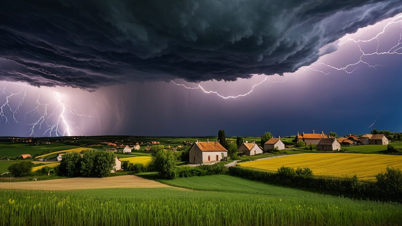 Dramatic Storm Over Serene Countryside Village