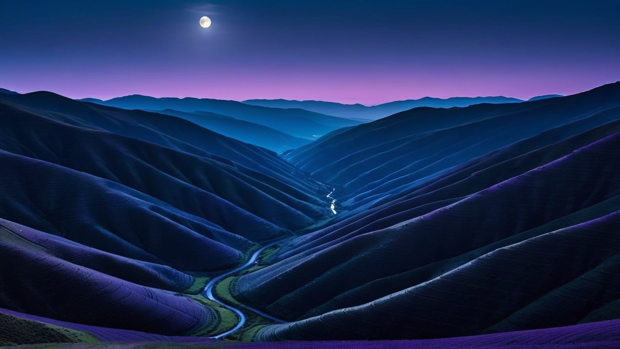 Tranquil Dusk Landscape with Rolling Hills and River