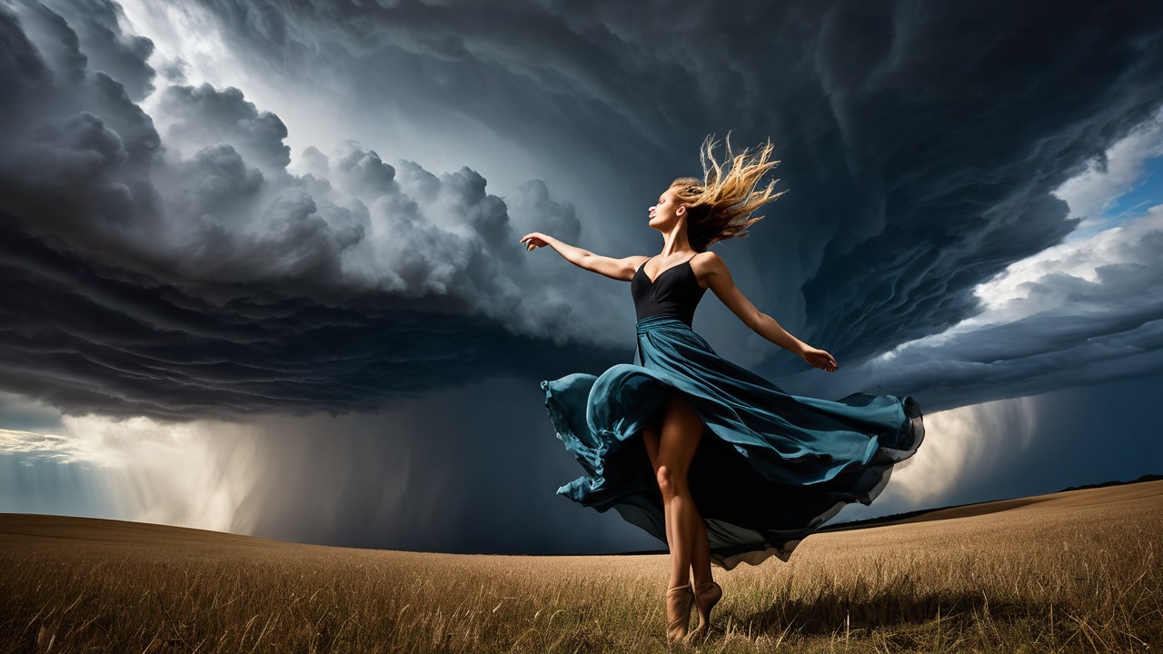 Dancer in Teal Dress Against Dramatic Storm Clouds
