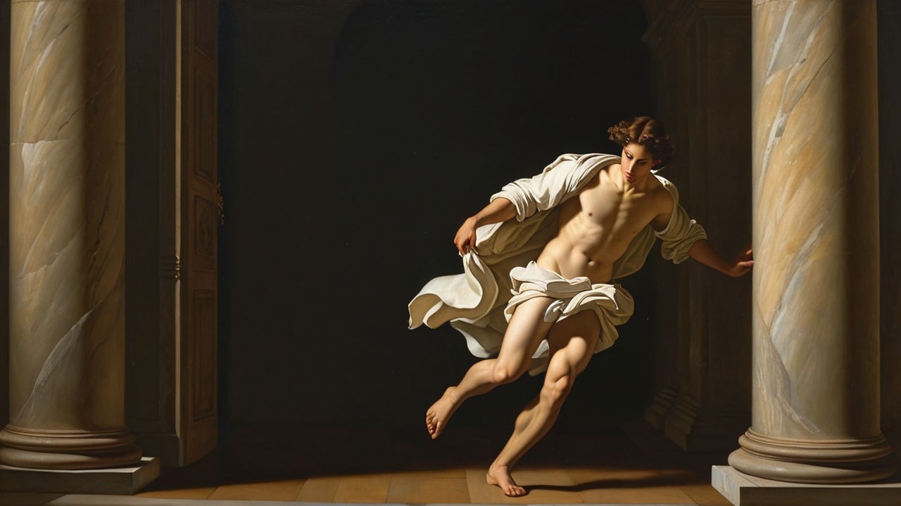 Young man running in white garment against dark backdrop