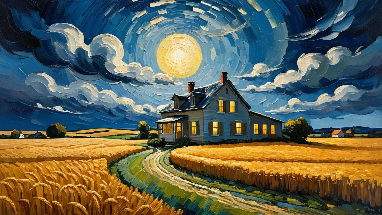 Serene Farmhouse in Golden Wheat Fields at Night