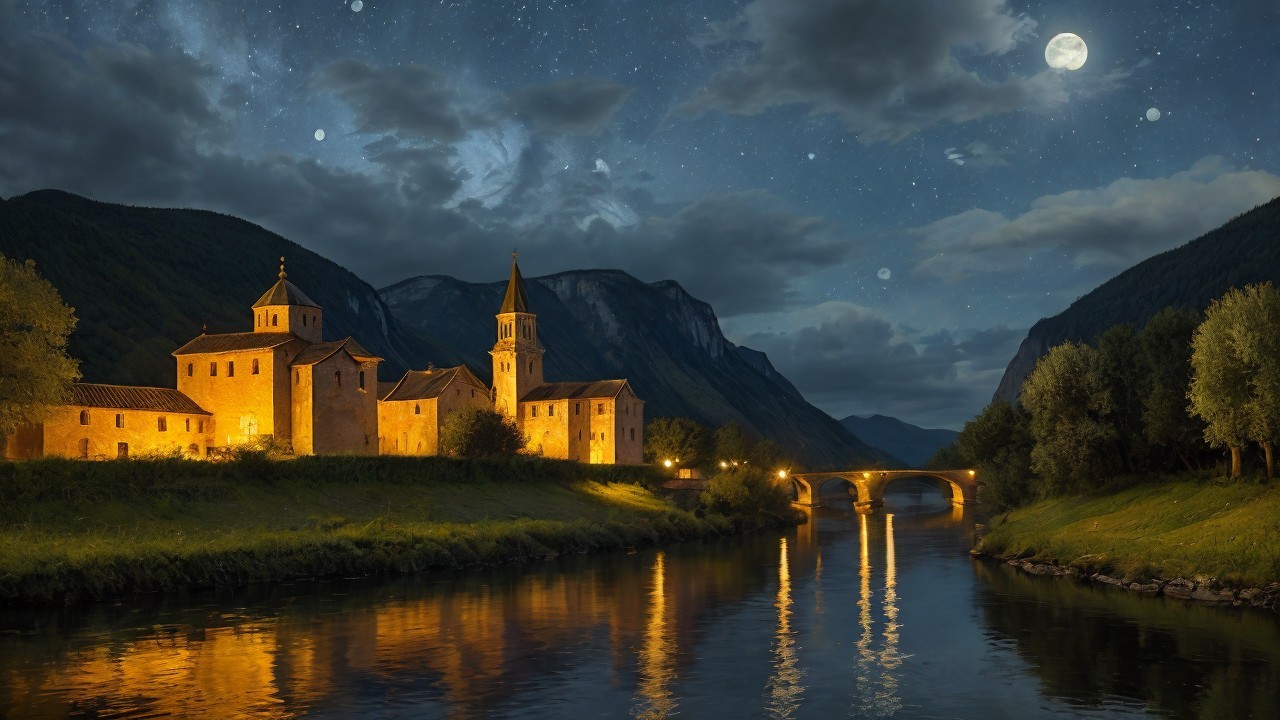 Serene Nighttime Village Landscape by Calm River