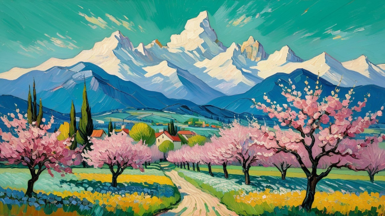 Impressionistic Painting of Mountains and Village Landscape