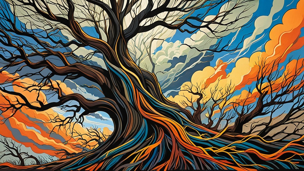 Large Stylized Tree with Dramatic Sky Background