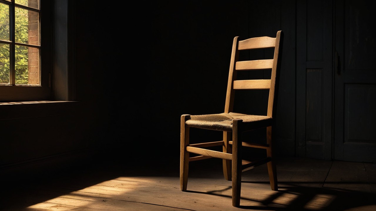 Wooden Chair in Dimly Lit Room with Sunlight Shadows