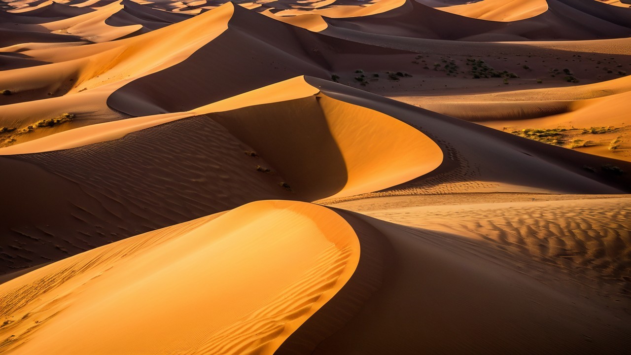 Vast Desert Landscape with Sand Dunes and Vegetation