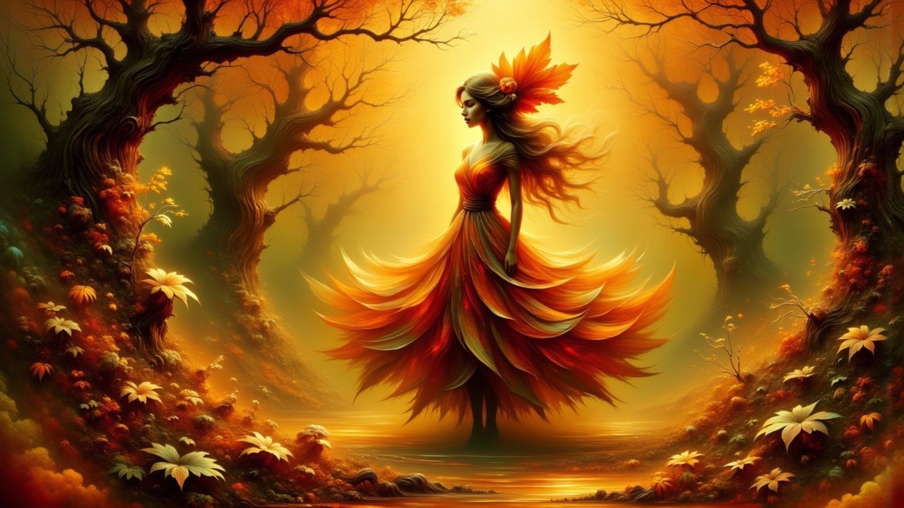 Autumn Scene with Figure in Leaf Dress and Forest