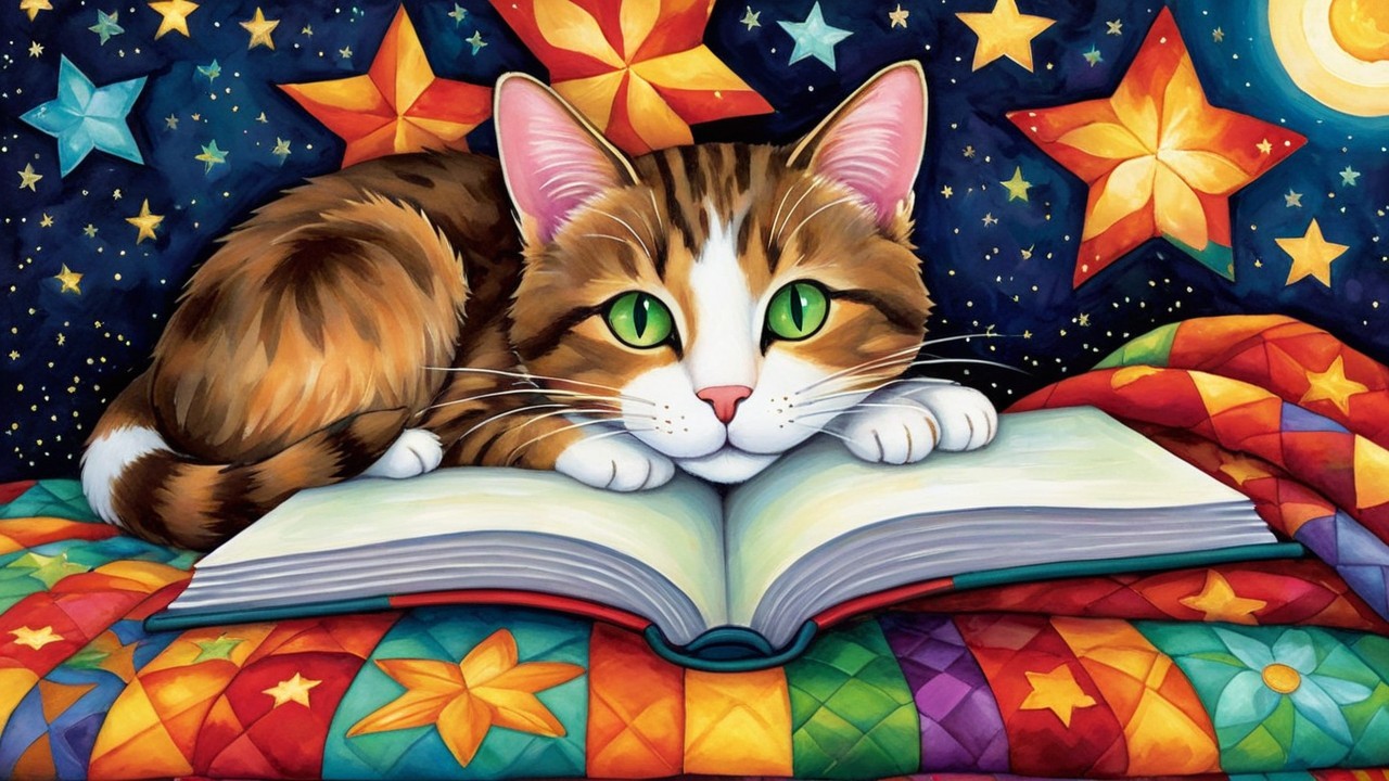 Tabby Cat on Book Under Starry Night Sky