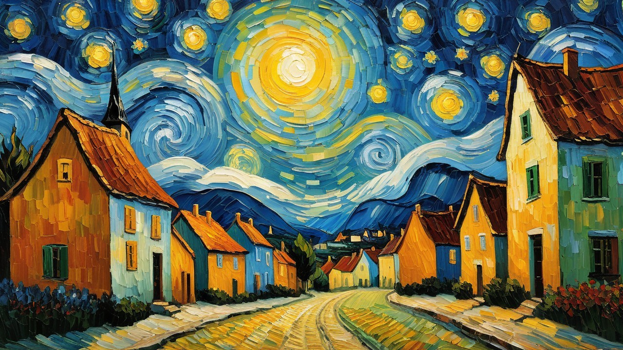 Vibrant Night Sky Over Quaint Village and Hills
