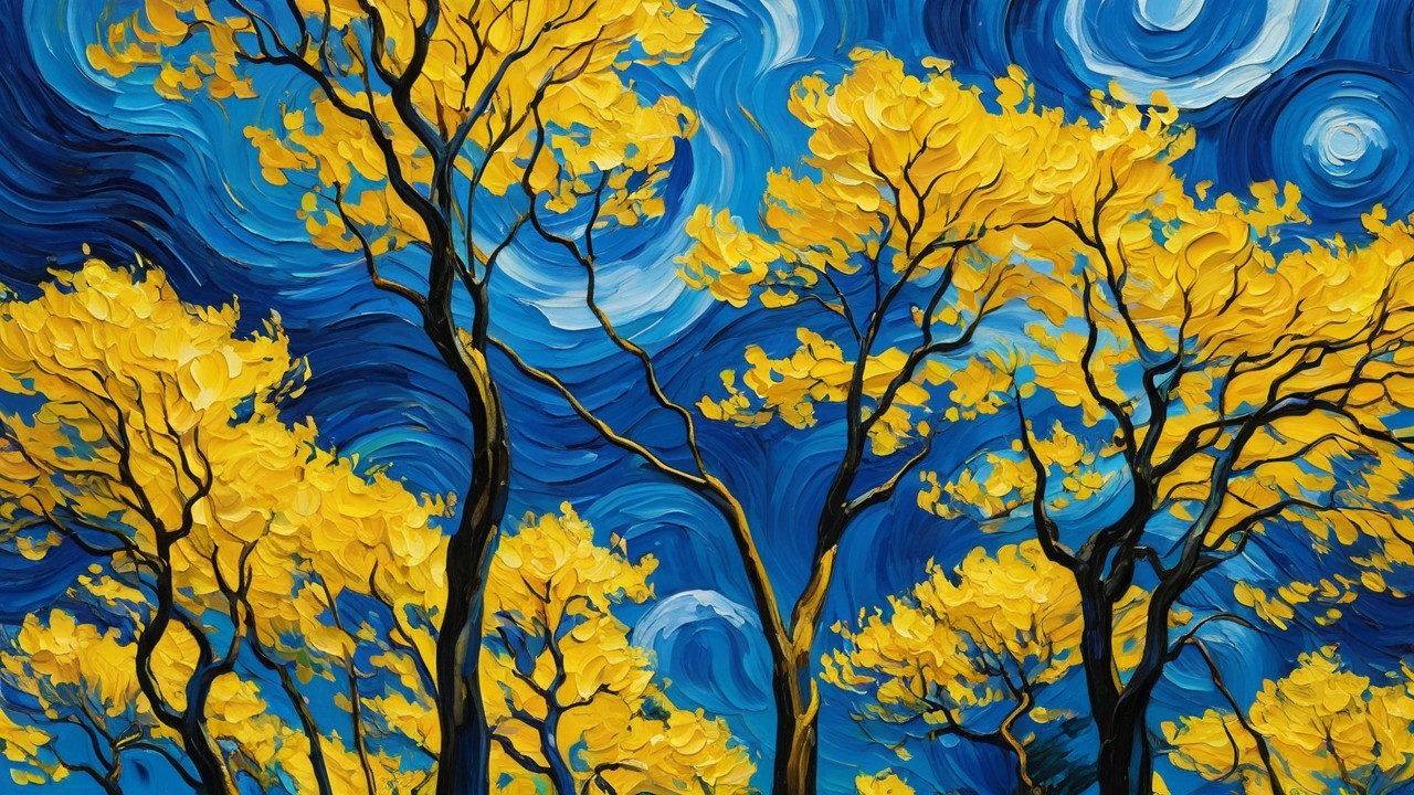 Impasto Oil Painting of Trees Under Night Sky