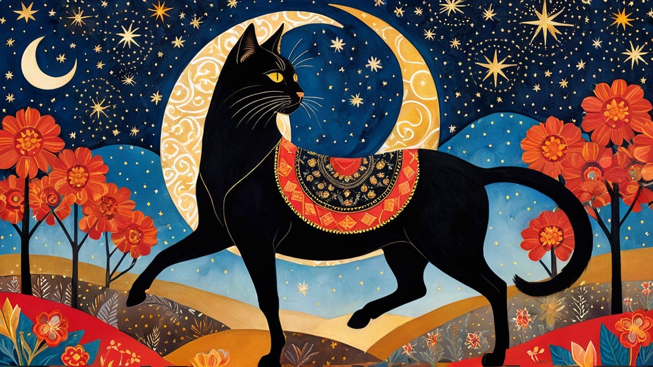 Black Cat with Decorative Blanket Under Starry Sky