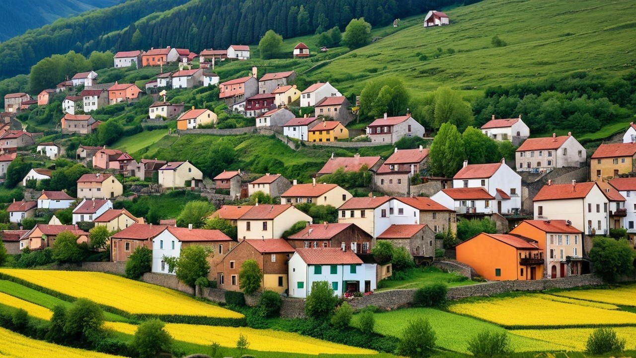 Charming Village in Rolling Green Hills with Colorful Homes