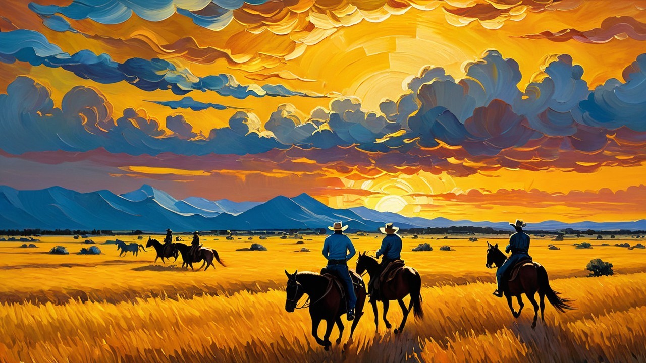 Vibrant sunset over cowboys in golden grasslands