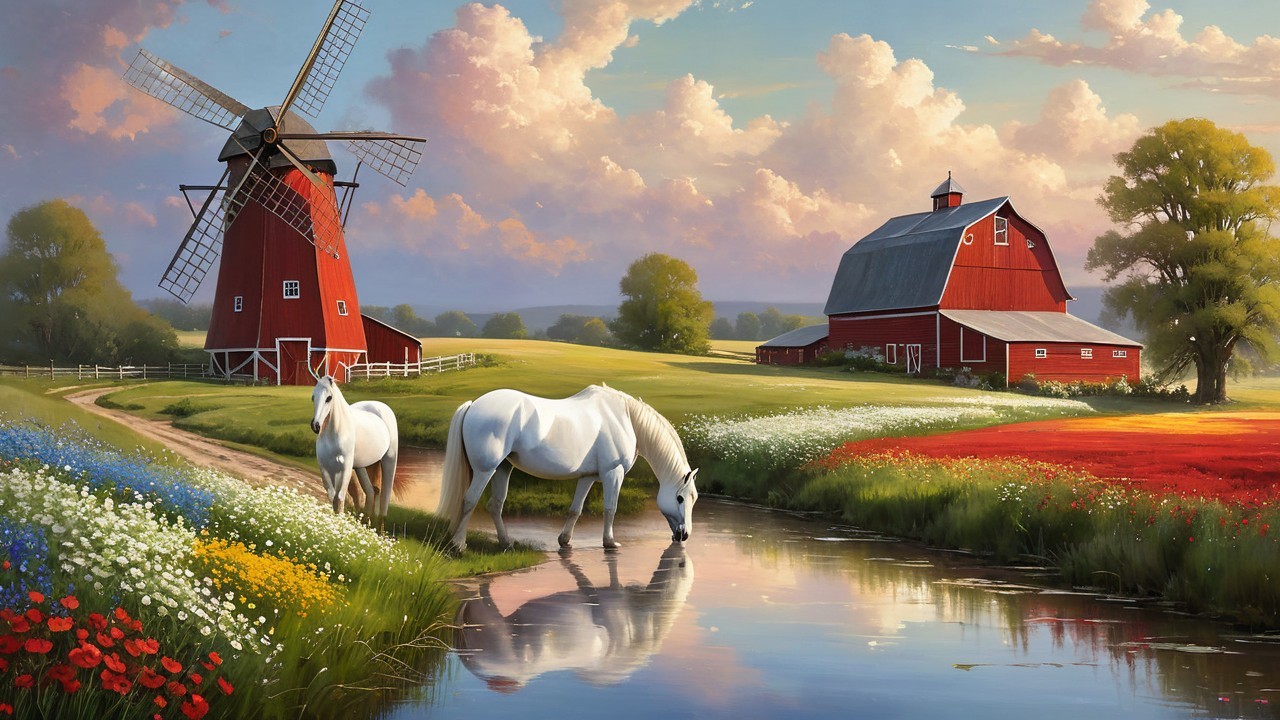 Countryside Scene with Horses, Barn, and Sunset