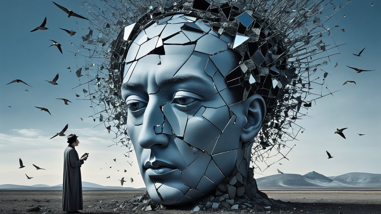 Fragmented Reflective Head in a Desolate Landscape