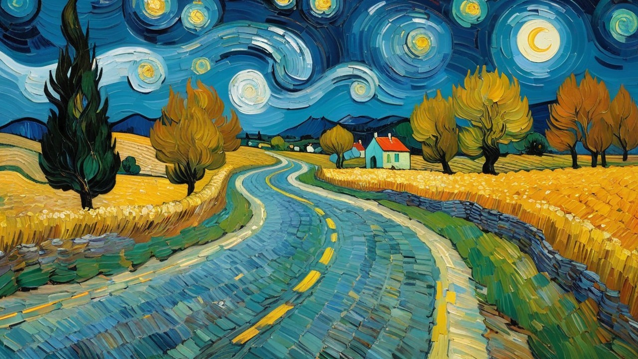 Winding Road Under Starry Night Sky and Fields