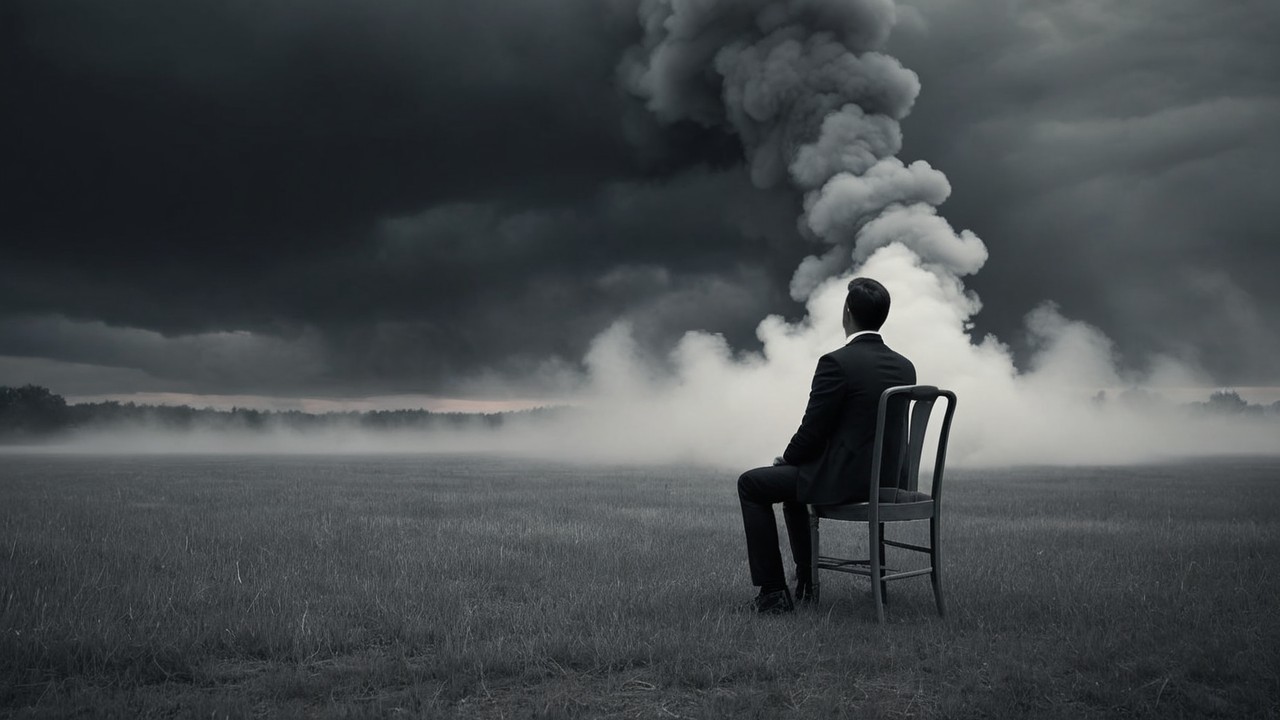 Lone Figure in Suit in Foggy Field with Ominous Clouds