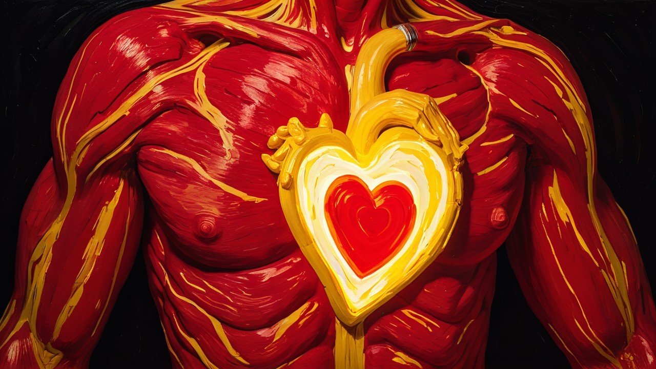 Stylized Human Torso with Vibrant Red Muscles and Heart